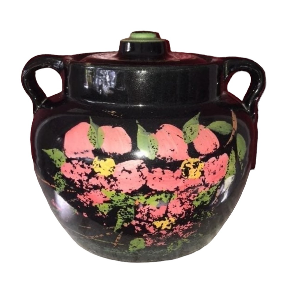 USA Pottery Stoneware Crock Cookie Jar glossy black w/ hand painted red flowers